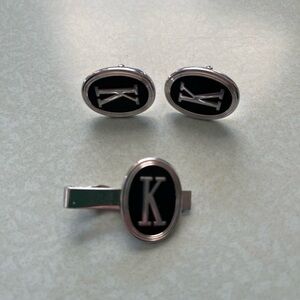 Swank K Black and Silver Cufflinks and Tie Clip Set